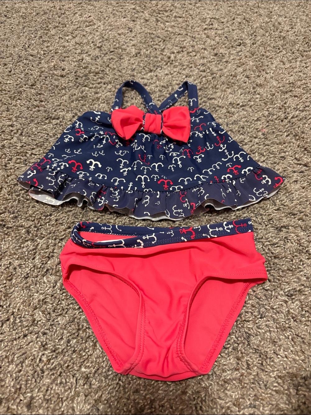 Baby Navy Anchor Ruffle Tankini with Bright Pink Bottoms